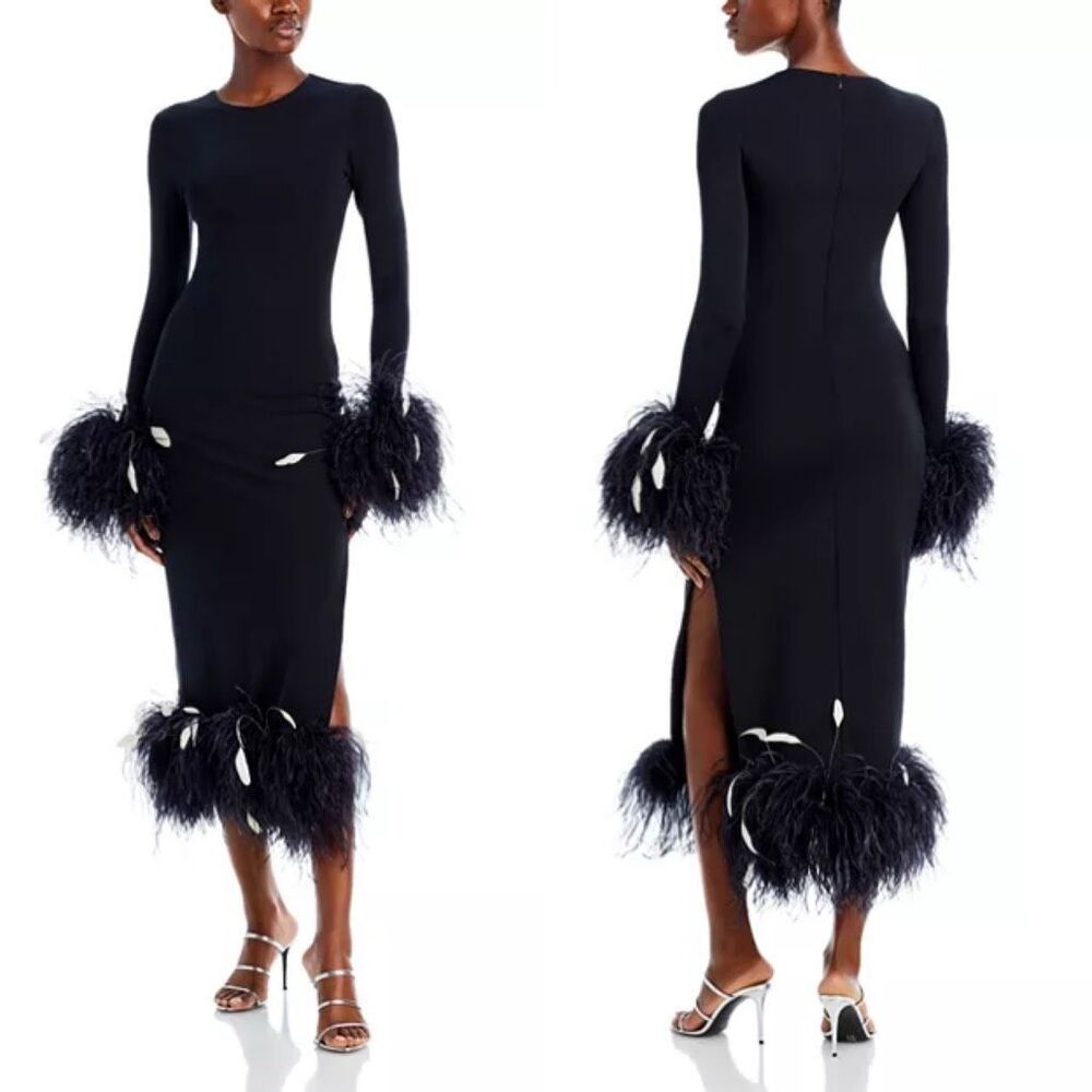 NWT MARKARIAN Aretha Long-sleeve Feather-trim Midi Dress In Black Size 6 $1895